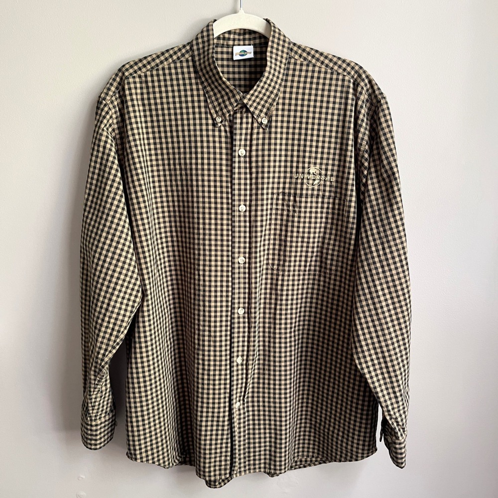 Vintage Universal Studios Shirt Men's Large Gingham Navy Blue Tan Theme Park Top